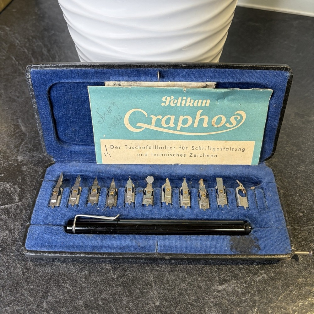 Vtg Pelikan Graphos Inking Calligraphy Set 11 Nibs Original Box Papers Germany